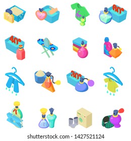 Laundry icons set. Isometric set of 16 laundry vector icons for web isolated on white background