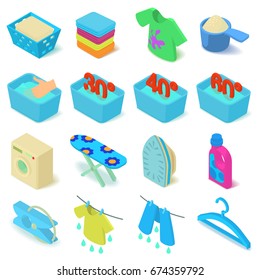 Laundry icons set. Isometric illustration of 16 laundry vector icons for web