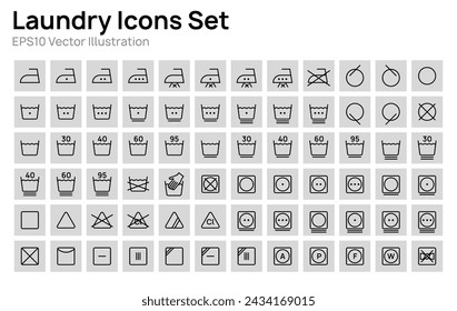 Laundry icons set vector illustration design. Collection of outline washing signs, bleaching, ironing, drying.
