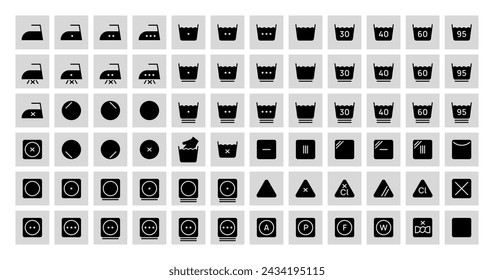 Laundry icons set vector illustration design. Collection of washing signs, bleaching, ironing, drying.