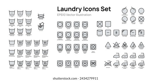 Laundry icons set vector illustration design. Collection of washing marks, bleaching, ironing, drying.