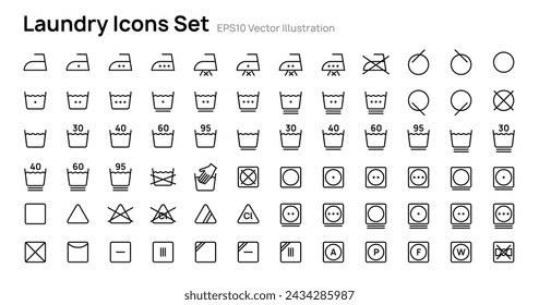 Laundry icons set vector illustration design. Collection of washing symbols, bleaching, ironing, drying.