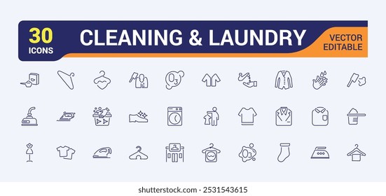 Laundry icons. Set of washing and cleaning minimal icon. Washing machine, dryer, clothes, detergent, fabric, dress. Vector illustration