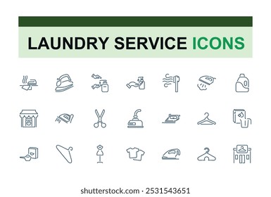 Laundry icons. Set of washing and cleaning minimal icon. Washing machine, dryer, clothes, detergent, fabric, dress. Vector illustration