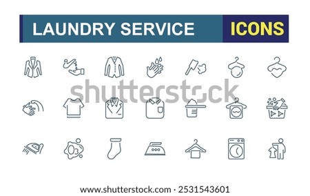 Laundry icons. Set of washing and cleaning minimal icon. Washing machine, dryer, clothes, detergent, fabric, dress. Vector illustration