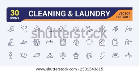 Laundry icons. Set of washing and cleaning minimal icon. Washing machine, dryer, clothes, detergent, fabric, dress. Vector illustration