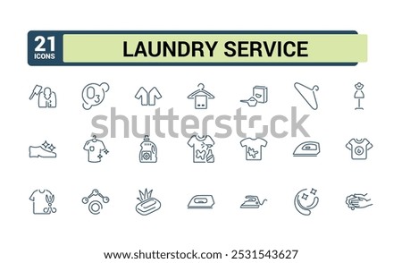 Laundry icons. Set of washing and cleaning minimal icon. Washing machine, dryer, clothes, detergent, fabric, dress. Vector illustration