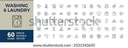 Laundry icons. Set of washing and cleaning minimal icon. Washing machine, dryer, clothes, detergent, fabric, dress. Vector illustration