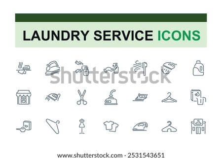 Laundry icons. Set of washing and cleaning minimal icon. Washing machine, dryer, clothes, detergent, fabric, dress. Vector illustration