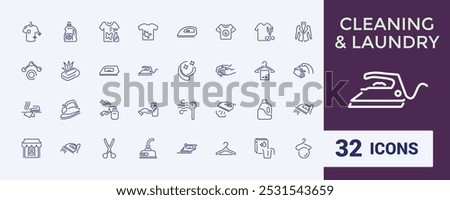 Laundry icons. Set of washing and cleaning minimal icon. Washing machine, dryer, clothes, detergent, fabric, dress. Vector illustration