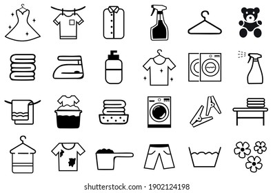 Laundry icons set.  Washing machine and dirt shirt symbol. hand washing, soap bubbles in basin icons. Dry t-shirt, laundry service, Clean clothes. editable. Vector