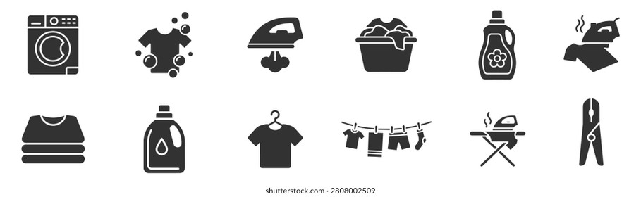 laundry icons set with washing machine, detergent bottle, iron, clothes, laundry basket, clothespin, and drying line on transparent background