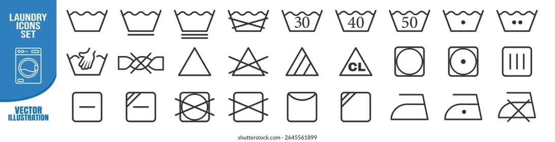 Laundry icons set, washing symbols, care labels and instructions, vector isolated on transparent background