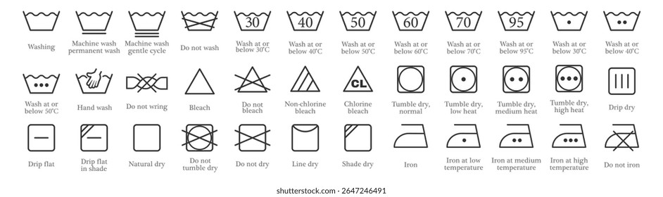 Laundry icons set, washing symbols, care labels and instructions, vector isolated on transparent background