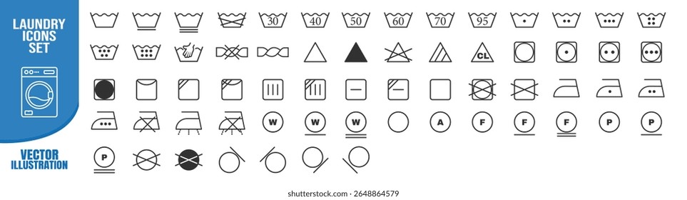 Laundry icons set, washing symbols, care labels and instructions, vector isolated on transparent background