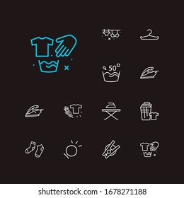 Laundry icons set. Water temperature 50 deg and laundry icons with hanger, different socks and t-shirt. Set of clear for web app logo UI design. svg