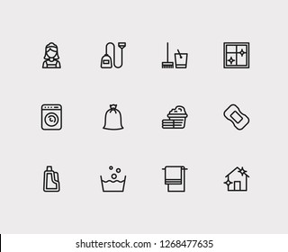 Laundry icons set. Laundry and laundry icons with window cleaning, cleaning equipment and vacuum cleaner. Set of structure for web app logo UI design.