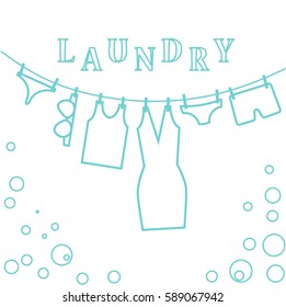 Laundry, illustration blue lines Clothes drying on a rope. Linen and soap bubble.