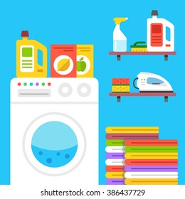 Laundry illustration. Laundry room with washing machine, household products, pile of clothes, iron, laundry wash detergent, etc. Flat vector illustration