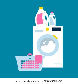 Laundry illustration - washing machine, basket with linen and detergent bottles. Flat bright print about household appliance.