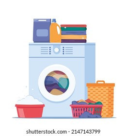 Laundry infographics with sequence of four different stages of washing process. Washing clothes. Dirty linen, washing machine, pile of clean clothes. Housekeeping concept vector illustration