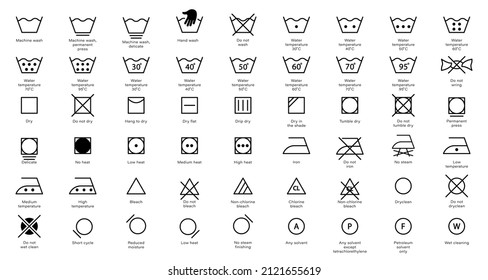 Laundry Instruction Line Icon Set. Care Wash Information Symbol Collection. Hand or Machine Wash, Use Iron, Dry, Cleaning Cotton Cloth Linear Sign. Editable Stroke. Isolated Vector Illustration. - Shutterstock ID 2121655619