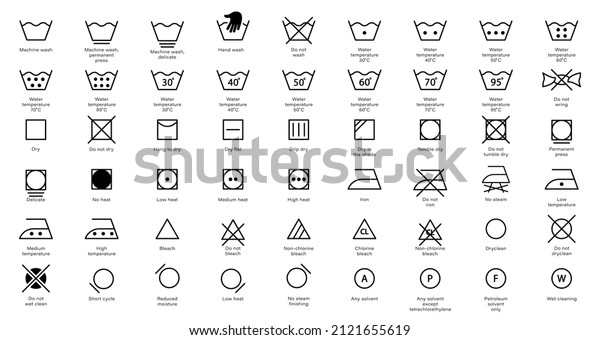 Laundry Instruction Line Icon Set. Care\
Wash Information Symbol Collection. Hand or Machine Wash, Use Iron,\
Dry, Cleaning Cotton Cloth Linear Sign. Editable Stroke. Isolated\
Vector Illustration.