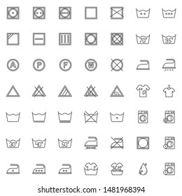 Laundry instruction line icons set. linear style symbols collection, outline signs pack. vector graphics. Set includes icons as washing machine, low heat wash time, iron, drip dry, Bleach and solvent