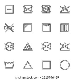 Juego de iconos de línea de instrucciones de inicio, colección de símbolos de vector de contorno, paquete de pictogramas de estilo lineal. Señales, ilustración del logotipo. El juego incluye iconos como lavadora, secado por goteo, blanqueador y disolvente