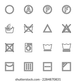 Laundry instruction line icons set, outline vector symbol collection, linear style pictogram pack. Signs, logo illustration. Set includes icons as hand wash, drip dry, washing machine, any solvent