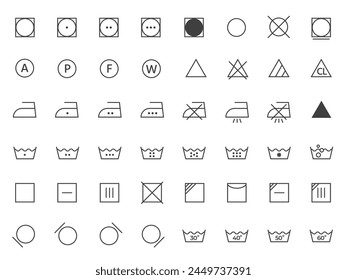 Laundry instruction line icons. Washing and cleaning symbols, clothes care instruction, textile cleaning guideline flat style. Vector isolated set. Ironing and drying fabric information