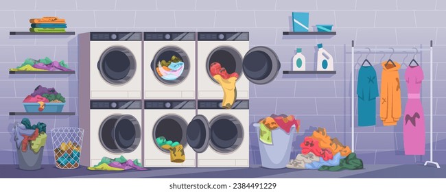 Laundry interior. Big piles of messy and dirty clothes exact vector cartoon concept