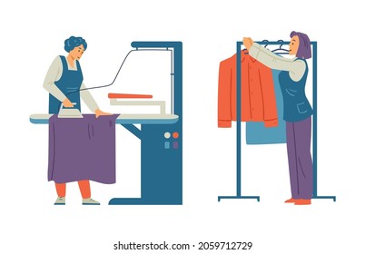 Laundry ironing and drying of washed linen service. Professional ironing and clothing care, laundry workers, flat vector illustration isolated on white background.