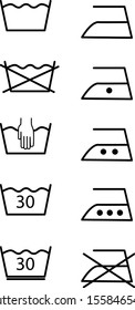 Laundry and ironing instructiong.  Water temperature. Vector symbols. Machine wash flat