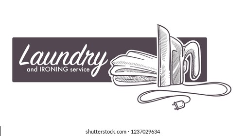 Laundry and ironing service logo, banner sketch with iron applia