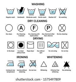 Laundry isolated icons, washing and dry cleaning, drying and ironing and whitening vector. Handwash and temperature, chemical means and dryer, no wring. Steaming and whitening laundromat symbols