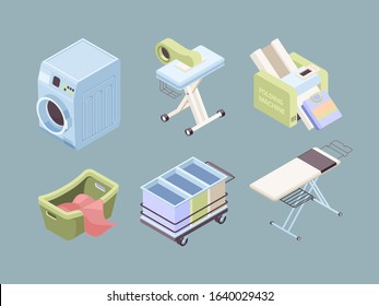 Laundry isometric. Fabric bubbles clean service towels dirty spot laundromat soap vector collection