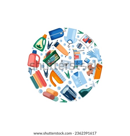 laundry items circle. cartoon flat cleaning attributes arranged in circle shape, towels, clothes, detergents, wash equipment, housekeeping service. vector flat cartoon graphics.