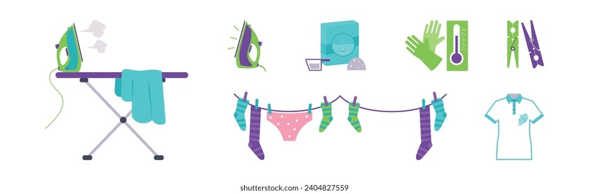 Laundry Items and Object as Clothes Washing Vector Set