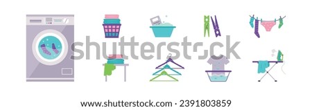 Laundry Items and Object as Clothes Washing and Drying Vector Set