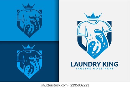 Laundry King Logo Design. Blue Shirt and Water Splash Combined with King Crown Style Concept.