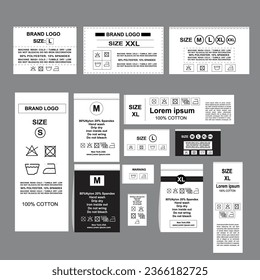 Laundry label with care symbols and washing instructions. Laundry care tags with washing, drying and cleaning information. Vector
