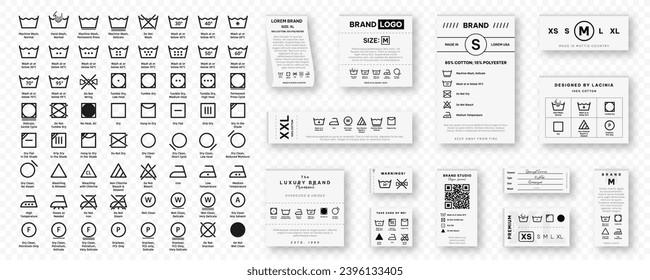 Laundry label collection with care symbols and washing instructions. Laundry care tags with washing, drying, bleaching, ironing and cleaning information. Vector