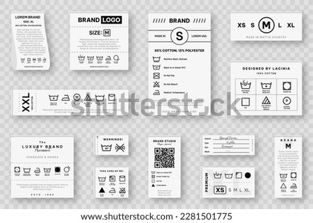 Laundry label collection with care symbols and washing instructions. Laundry care tags with washing, drying, bleaching, ironing and cleaning information. Vector