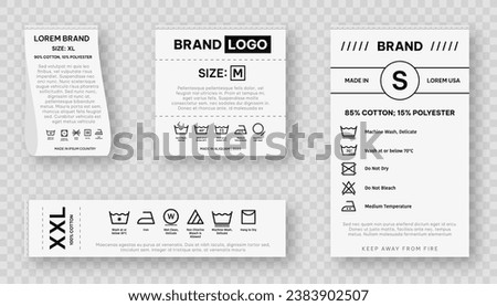 Laundry label collection with care symbols and washing instructions. Laundry care tags with washing, drying, bleaching, ironing and cleaning information. Vector