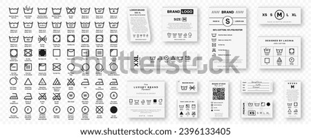 Laundry label collection with care symbols and washing instructions. Laundry care tags with washing, drying, bleaching, ironing and cleaning information. Vector