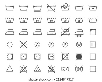 Etikettensymbole für Wäscheschilder für Bekleidungsgewebe. Händewaschen, Trocknen, Temperatur und Bügeln. Textile Reinigung Symbol Vektorset. Illustration des Wäscheschilds, des Unterrichtseisens