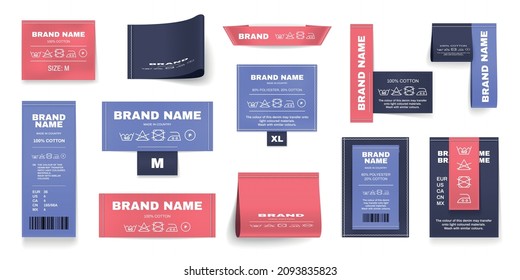 Laundry labels colored realistic set with brand name symbols isolated vector illustration