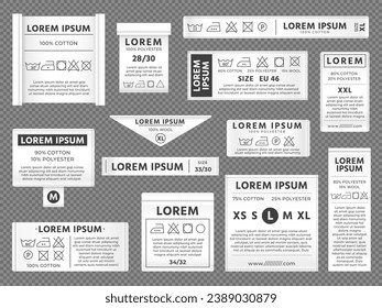 Laundry labels. Drying cleaning labels with washing and ironing instructions, cotton thread emblem badges for clothes. Vector set. Guidance for different materials isolated collection