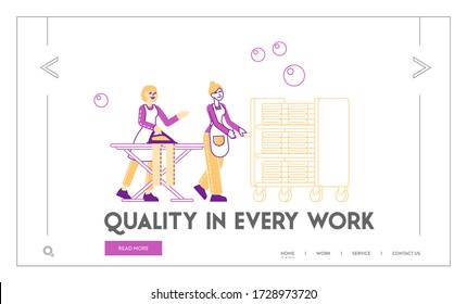 Laundry, Laundrette Landing Page Template. Female Characters Employees of Cleaning Service Working Process Ironing Clean Clothes, Push Trolley with Clothing. Linear People Vector Illustration